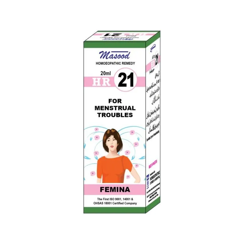 Dr. Masood HR-21 Femina homeopathic drops 20 ml product package on a white background