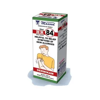 Dr. Masood HR-84 Dermikam homeopathic drops 20 ml product package on a white background
