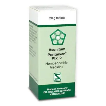 Aconitum Pentarkan Ptk. 2 20g Tablets by Dr. Willmar Schwabe, original homeopathic packshot on white background