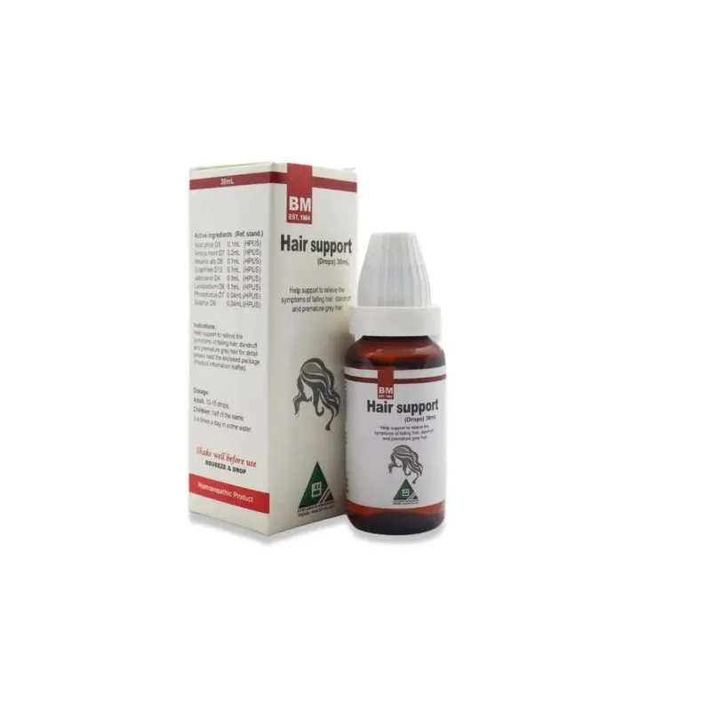 BM Hair Support Tablets & Drops Drops 30 ml homeopathic product on a pure white background