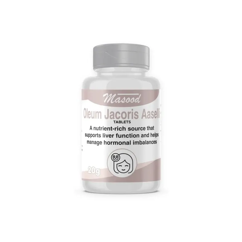 Oleum Jacoris Aselli Tablets by Dr. Masood, original bottle on a white background