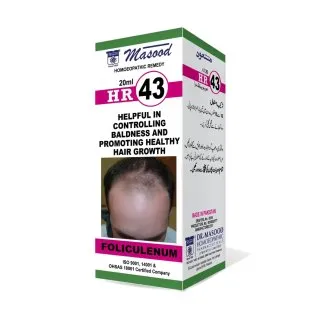 Dr. Masood HR-43 Foliculenum homeopathic drops 20 ml product package on a white background