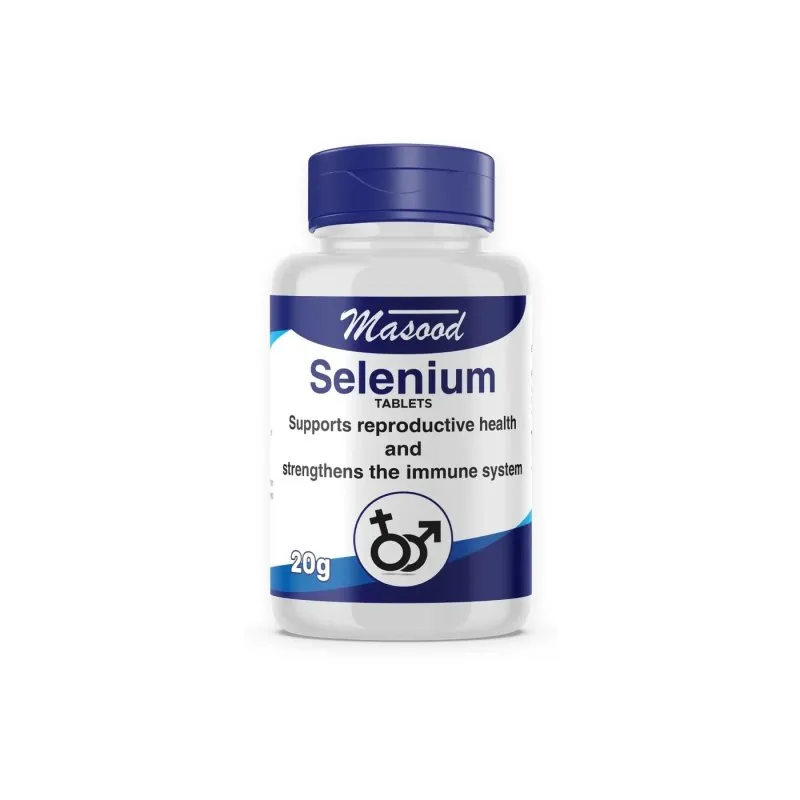 Selenium Tablets by Dr. Masood, original bottle on a white background