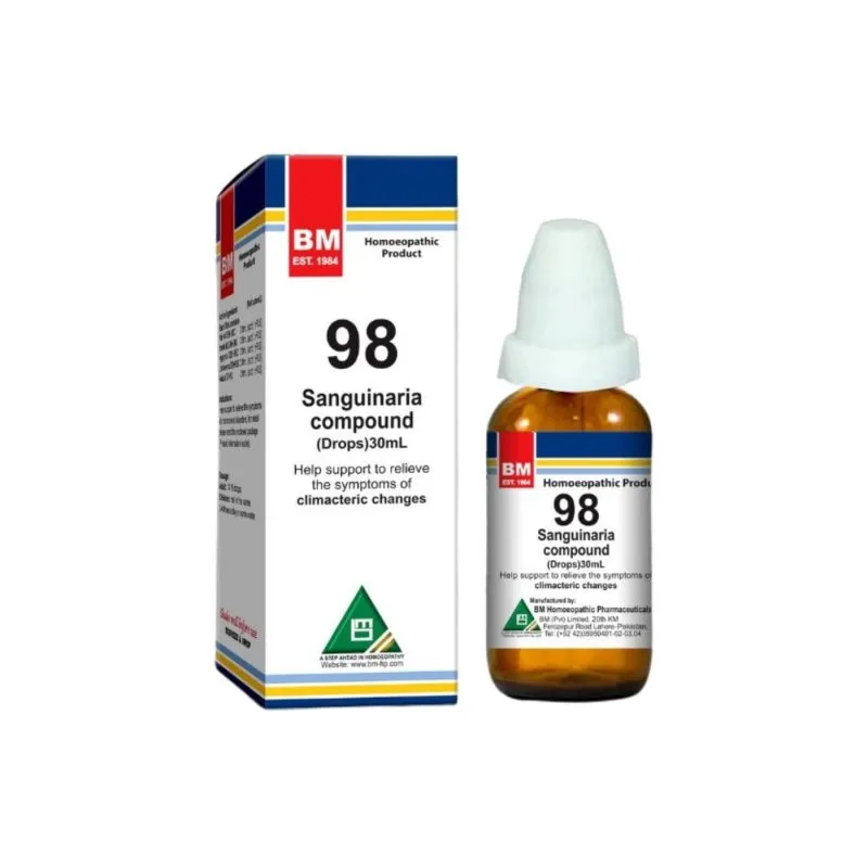 BM 98 Drops homeopathic drops on a pure white background