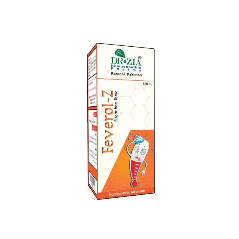 Feverol-Z by Dr Zia Pharma, product pack centered on a white background