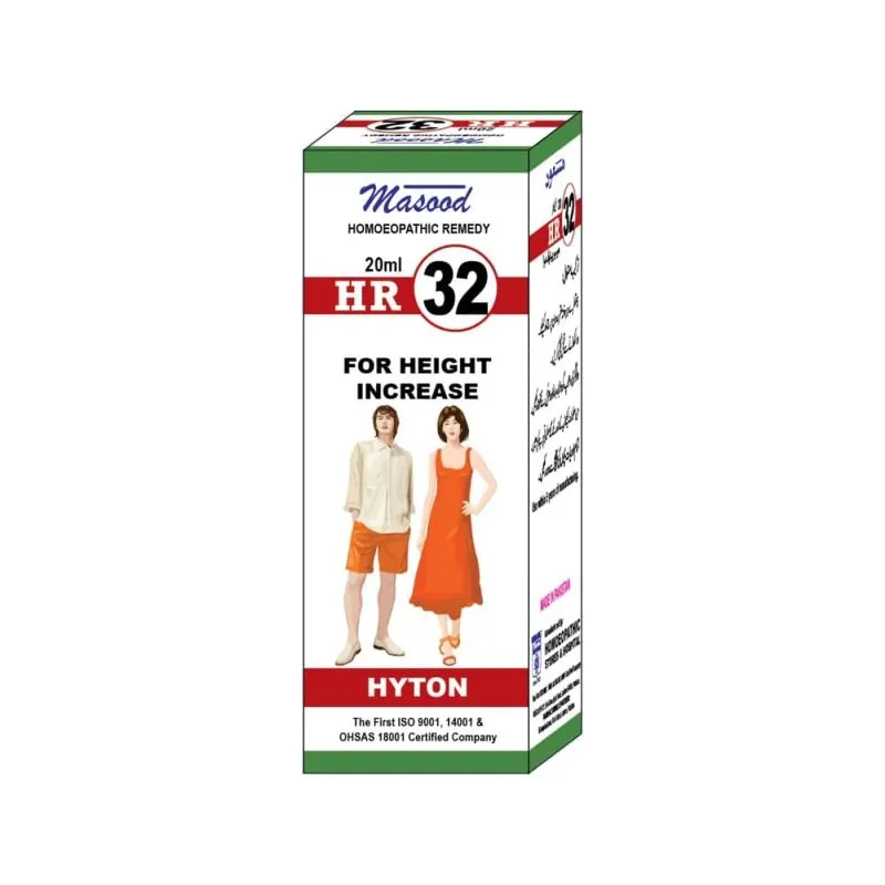 Dr. Masood HR-32 Hyton homeopathic drops 20 ml product package on a white background