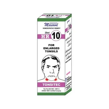 Dr. Masood HR-10 Tonsitec homeopathic drops 20 ml product package on a white background