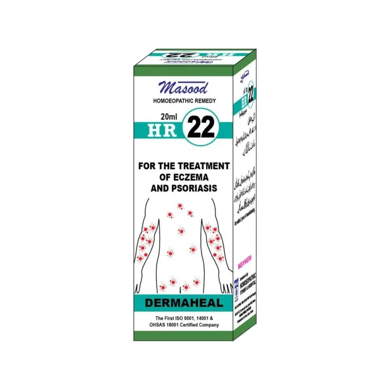 Dr. Masood HR-22 Dermaheal homeopathic drops 20 ml product package on a white background