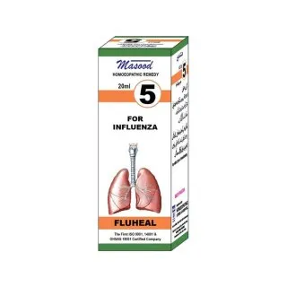 Dr. Masood HR-05 Fluheal homeopathic drops 20 ml product package on a white background