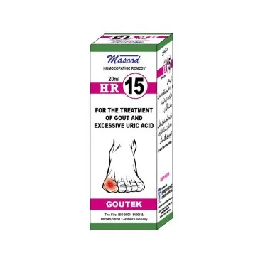 Dr. Masood HR-15 Goutek homeopathic drops 20 ml product package on a white background