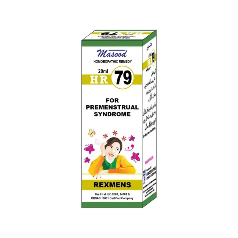 Dr. Masood HR-79 Rexmens homeopathic drops 20 ml product package on a white background