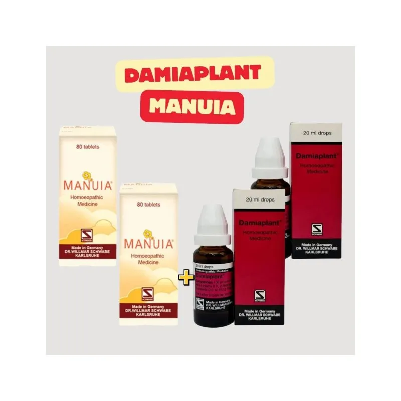 Damiaplant + Manuia Power Course as shown on the label homeopathic product bottle or pack on white background