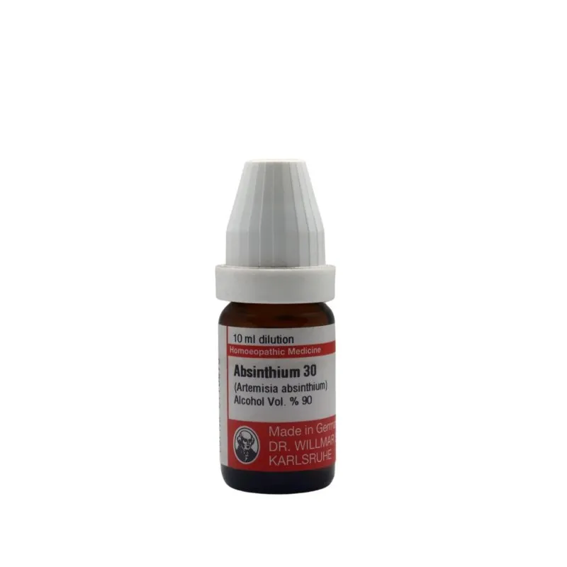 Absinthinum 10ml homeopathic dilutions and mother tincture bottle or pack on white background
