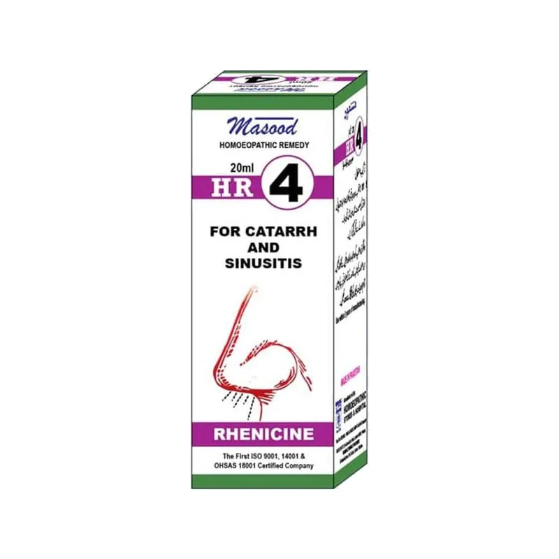 Dr. Masood HR-04 Rhenicine homeopathic drops 20 ml product package on a white background