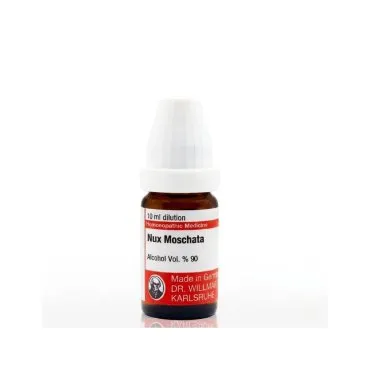 Nux Moschata 10ml homeopathic dilutions and mother tincture bottle or pack on white background