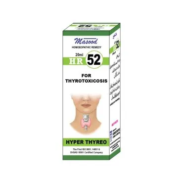 Dr. Masood HR-52 Hyper Thyreo homeopathic drops 20 ml product package on a white background