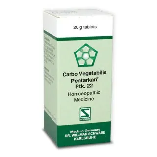 Carbo vegetabilis Pentarkan Ptk. 22 20g Tablets by Dr. Willmar Schwabe, original homeopathic packshot on white background