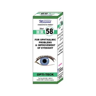 Dr. Masood HR-58 Opti-Teck homeopathic drops 20 ml product package on a white background