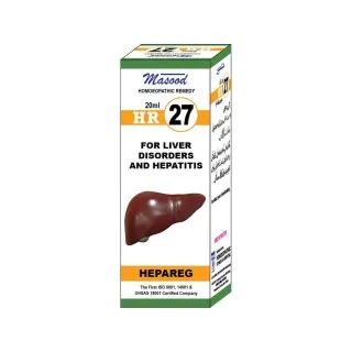 Dr. Masood HR-27 Hepareg homeopathic drops 20 ml product package on a white background