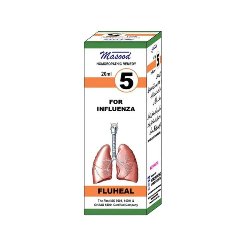 Dr. Masood HR-05 Fluheal homeopathic drops 20 ml product package on a white background