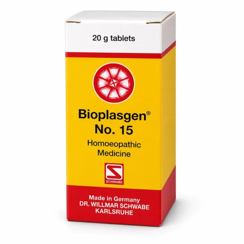 Bioplasgen No. 15 20g homeopathic combination tablets by Dr. Willmar Schwabe on a pure white studio background