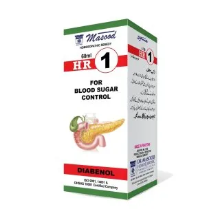 Dr. Masood HR-01 Diabenol homeopathic drops 60 ml product package on a white background