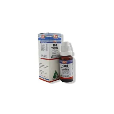 BM 104 Drops homeopathic drops by BM Homoeopathic Pharmaceuticals on a pure white background