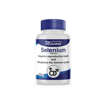 Selenium Tablets by Dr. Masood, original bottle on a white background