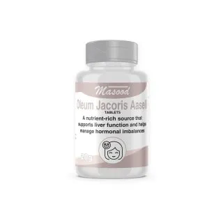 Oleum Jacoris Aselli Tablets by Dr. Masood, original bottle on a white background