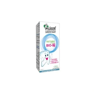Bio-21 Teething Tablets by Pflüger, product carton centered on a white background