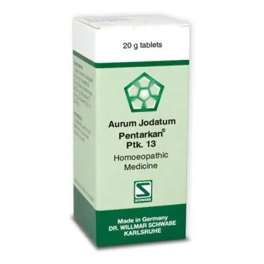 Aurum jodatum Pentarkan Ptk. 13 20g Tablets by Dr. Willmar Schwabe, original homeopathic packshot on white background