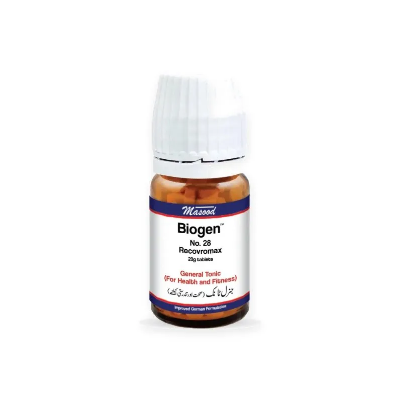 Biogen 28 Recovromax 20 g tablets by Dr. Masood on a white background