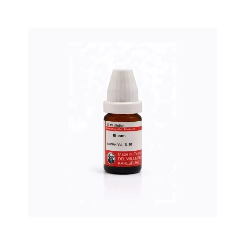 Rheum 10ml homeopathic dilutions and mother tincture bottle or pack on white background