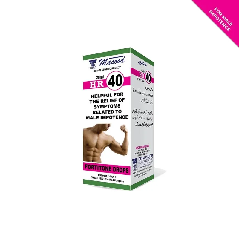 Dr. Masood HR-40 Fortitone homeopathic drops 20 ml product package on a white background