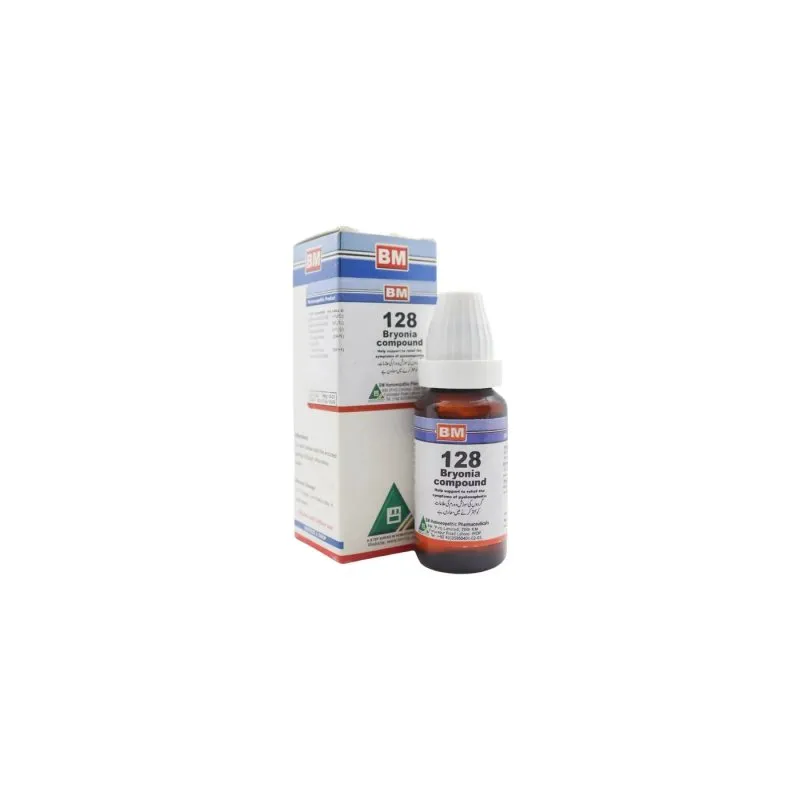 BM 128 Drops homeopathic drops by BM Homoeopathic Pharmaceuticals on a pure white background