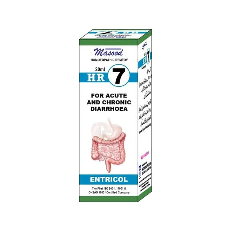Dr. Masood HR-07 Entricol homeopathic drops 20 ml product package on a white background