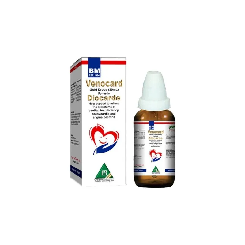 BM Venocard Gold Drops homeopathic drops on a pure white background