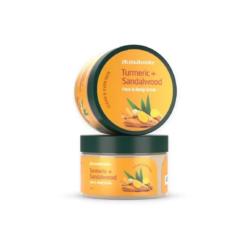 Turmeric + Sandalwood Scrub by Paul Brooks, product pack on a white background