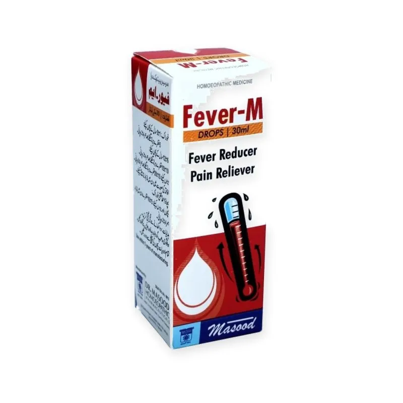 Fever-M Drops by Dr. Masood, original product packaging on a white background