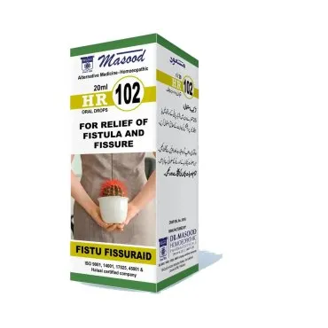 Dr. Masood HR-102 Fistu Fissraid homeopathic drops 20 ml product package on a white background