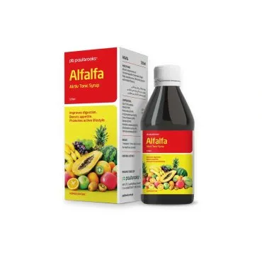 Alfalfa Aktiv Tonic Syrup by Paul Brooks, product pack on a white background