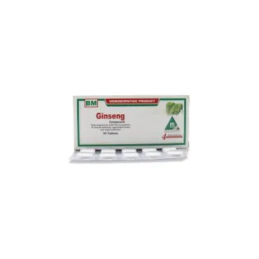 BM Ginseng Tablet and Syrup Tablets 30 tablets homeopathic product on a pure white background