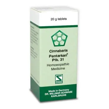 Cinnabaris Pentarkan Ptk. 31 20g Tablets by Dr. Willmar Schwabe, original homeopathic packshot on white background