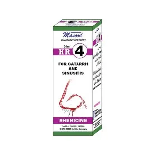 Dr. Masood HR-04 Rhenicine homeopathic drops 20 ml product package on a white background