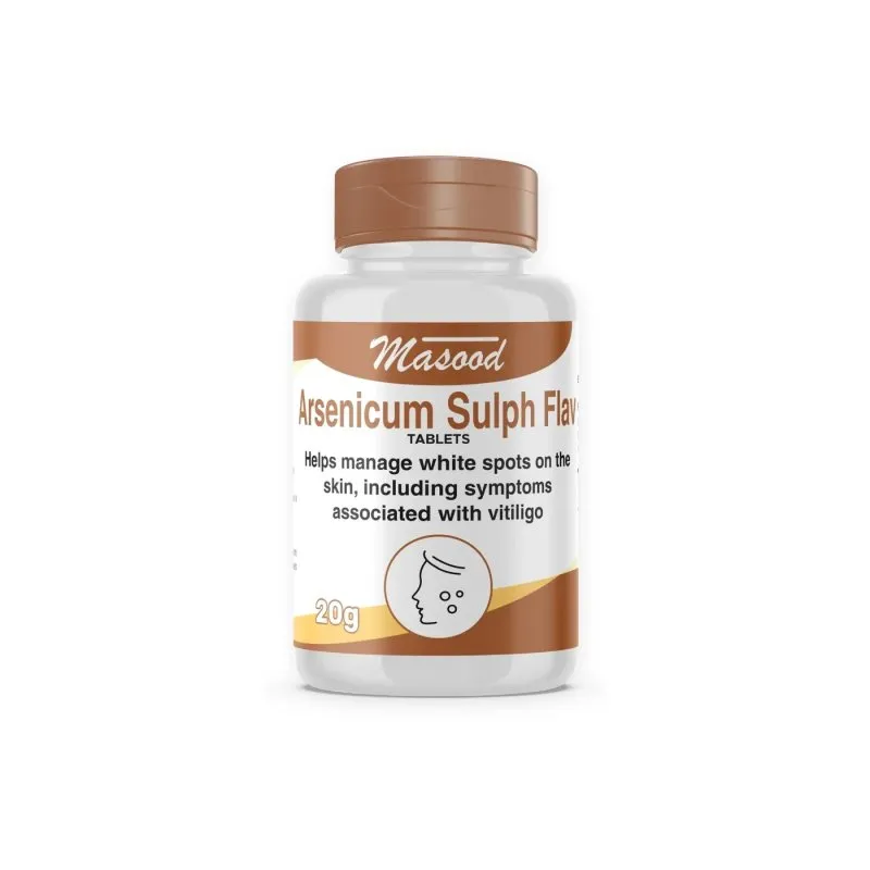 Arsenicum Sulph Flav Tablets by Dr. Masood, original bottle on a white background