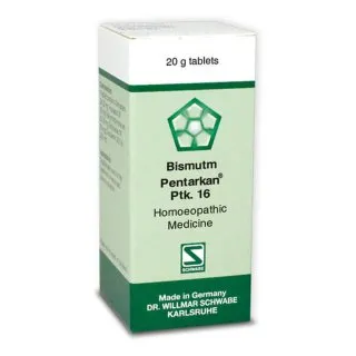 Bismutum Pentarkan Ptk. 16 20g Tablets by Dr. Willmar Schwabe, original homeopathic packshot on white background