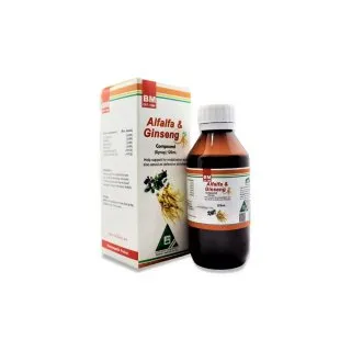 BM Alfalfa & Ginseng Syrup For Vitality homeopathic syrup by BM Homoeopathic Pharmaceuticals on a pure white background
