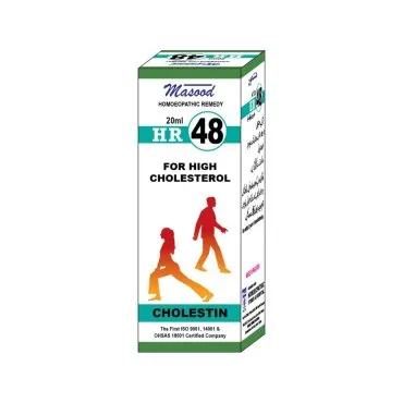 Dr. Masood HR-48 Cholestin homeopathic drops 20 ml product package on a white background