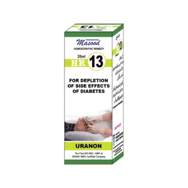 Dr. Masood HR-13 Uranon homeopathic drops 20 ml product package on a white background
