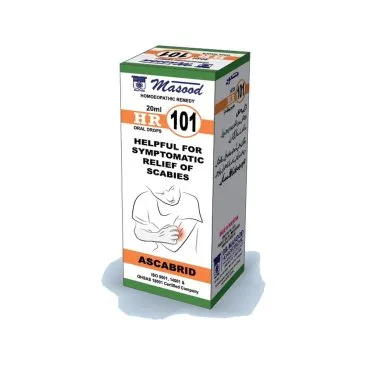Dr. Masood HR-101 Ascabrid homeopathic drops 20 ml product package on a white background